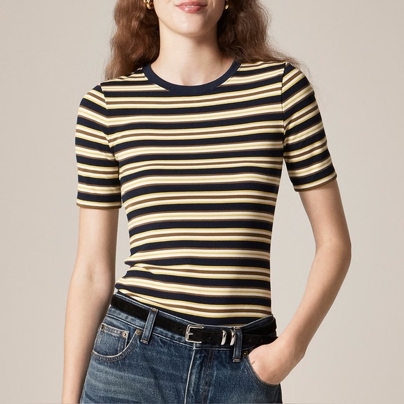 NWT J.Crew Refined Rib Tee in Olive Yellow Navy Stripe - Picture 2 of 3